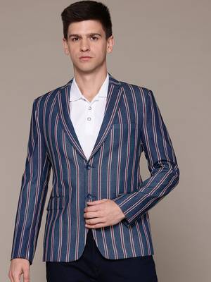 single-breasted slim-fit blue denim blazer with red and white stripes 1