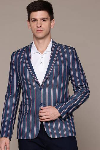Men's single-breasted slim-fit blue denim blazer with red and white stripes