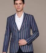 Men's single-breasted slim-fit blue denim blazer with red and white stripes