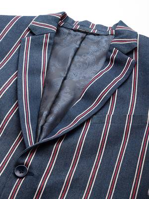 single-breasted slim-fit blue denim blazer with red and white stripes 2
