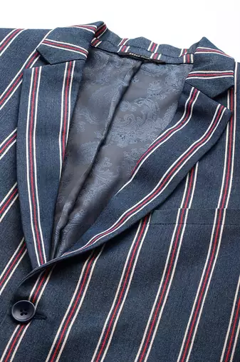 single-breasted slim-fit blue denim blazer with red and white stripes