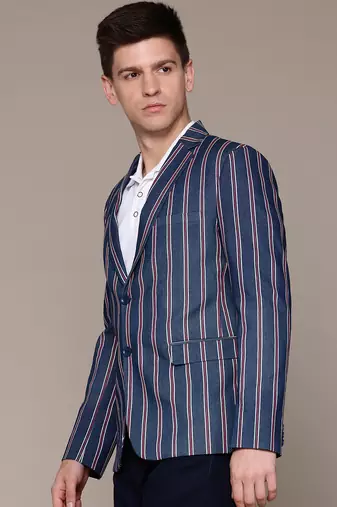 single-breasted slim-fit blue denim blazer with red and white stripes