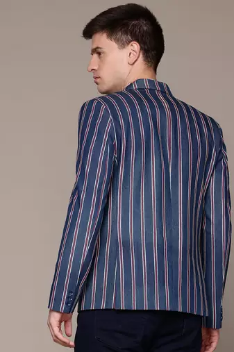 single-breasted slim-fit blue denim blazer with red and white stripes