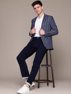 single-breasted slim-fit blue denim blazer with red and white stripes 5