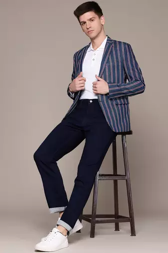 single-breasted slim-fit blue denim blazer with red and white stripes