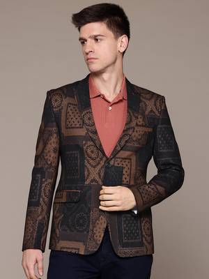 knitted single-breasted slim-fit tan abstract print blazer 1