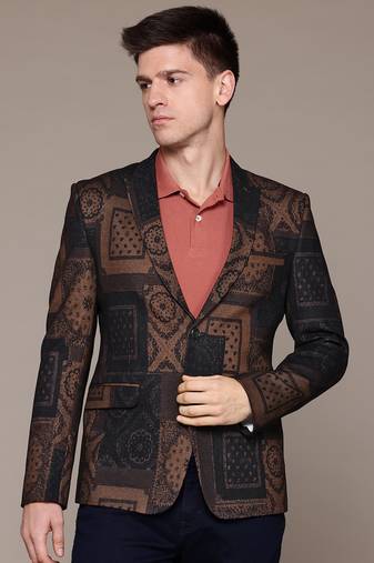 Men's knitted single-breasted slim-fit tan abstract print blazer