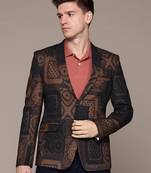Men's knitted single-breasted slim-fit tan abstract print blazer