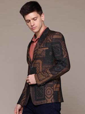 knitted single-breasted slim-fit tan abstract print blazer 3