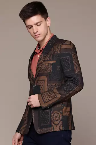 knitted single-breasted slim-fit tan abstract print blazer
