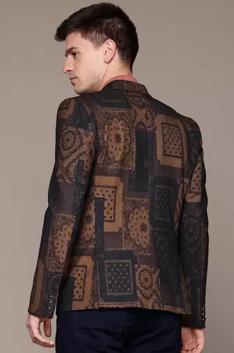 knitted single-breasted slim-fit tan abstract print blazer
