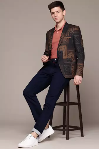 knitted single-breasted slim-fit tan abstract print blazer