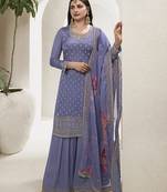 Blue colour chinon silk embroidered sharara suit with dupatta