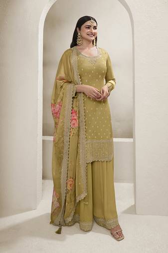 Tan  Chinon Silk Blend Embroidered Sharara Suit With Dupatta