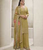 Tan  Chinon Silk Blend Embroidered Sharara Suit With Dupatta