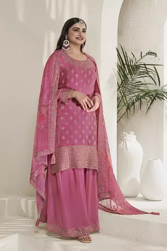 Rose Pink  Chinon Silk Blend Embroidered Sharara Suit With Dupatta