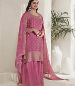 Rose Pink  Chinon Silk Blend Embroidered Sharara Suit With Dupatta