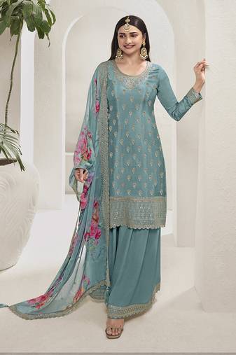 Light teal colour chinon silk embroidered sharara suit with dupatta