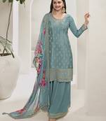 Light teal colour chinon silk embroidered sharara suit with dupatta