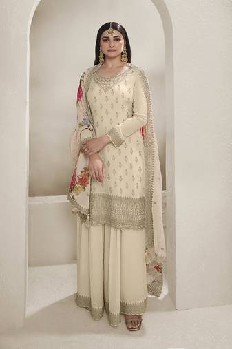 Cream colour chinon silk embroidered sharara suit with dupatta
