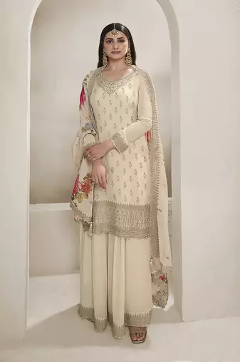 Cream colour chinon silk embroidered sharara suit with dupatta