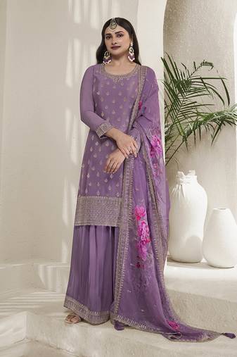 Lavender  Chinon Silk Blend Embroidered Sharara Suit With Dupatta