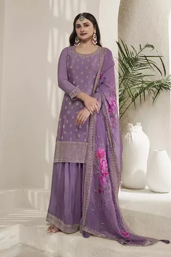 Lavender  Chinon Silk Blend Embroidered Sharara Suit With Dupatta