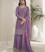 Lavender  Chinon Silk Blend Embroidered Sharara Suit With Dupatta