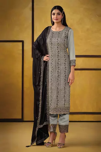 Light Grey Silk Blend Embroidered salwar Kameez