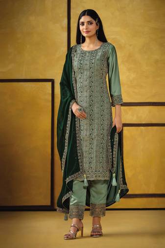 Olive Silk Blend Embroidered salwar Kameez