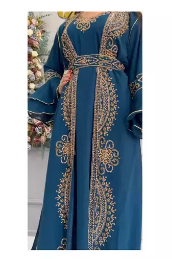 Turquoise Inner Jacket Kaftan Handcrafted Zari Stone Bedded work Stitched Party Wedding Dresses