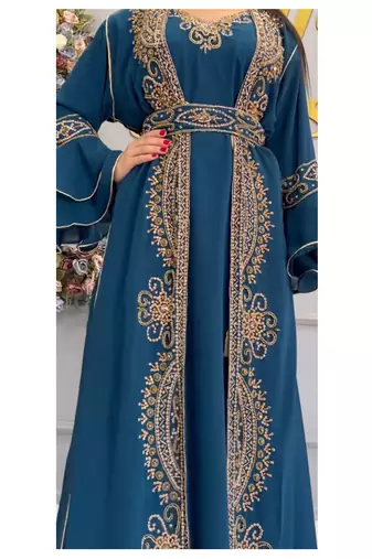 Turquoise Inner Jacket Kaftan Handcrafted Zari Stone Bedded work Stitched Party Wedding Dresses