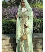 Elegant Mint Green Kaftan Gown with Gold Zari & Stone Work | Modest Everyday Style
