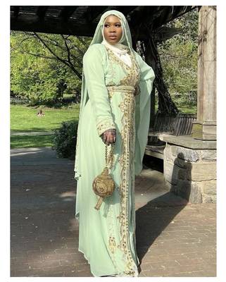 Elegant Mint Green Kaftan Gown with Gold Zari & Stone Work | Modest Everyday Style 2