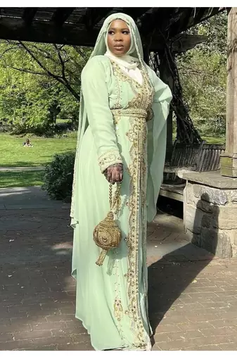 Elegant Mint Green Kaftan Gown with Gold Zari & Stone Work | Modest Everyday Style