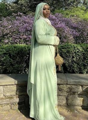 Elegant Mint Green Kaftan Gown with Gold Zari & Stone Work | Modest Everyday Style 3