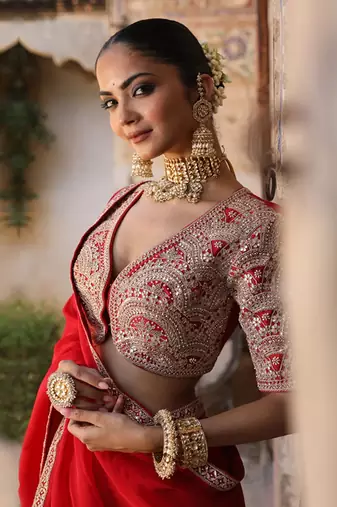 Laal Surakh Saree in Red Organza with Marodi Handwork