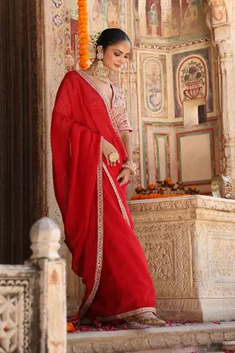 Laal Surakh Saree in Red Organza with Marodi Handwork