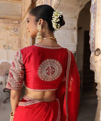 Laal Surakh Saree in Red Organza with Marodi Handwork 4