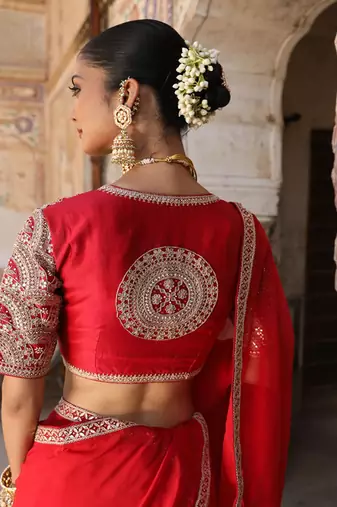 Laal Surakh Saree in Red Organza with Marodi Handwork