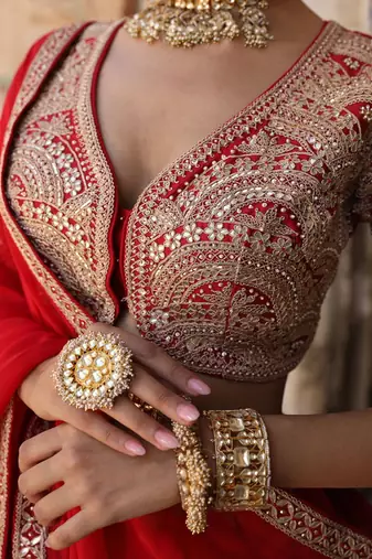 Laal Surakh Saree in Red Organza with Marodi Handwork