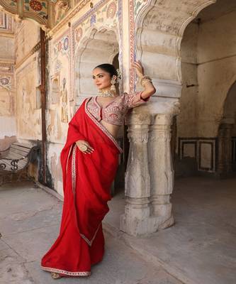 Laal Surakh Saree in Red Organza with Marodi Handwork 1