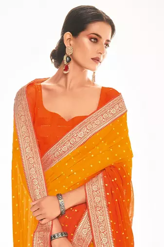 Fancy georgette foil printed and jacquard lace border saree