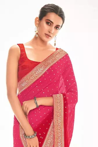 Fancy georgette foil printed and jacquard lace border saree