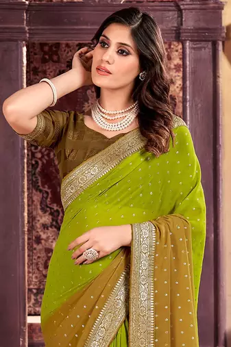 Fancy georgette foil printed and jacquard lace border saree