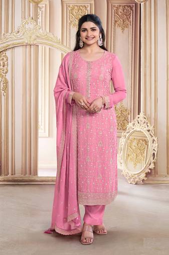 Pink embroidered georgette semi-salwar suit
