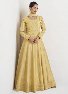 Yellow premium silk embroidered anarkali suit 1