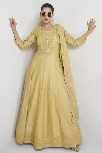 Yellow premium silk embroidered anarkali suit
