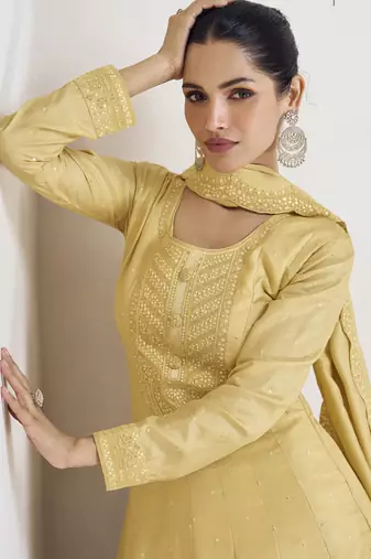 Yellow premium silk embroidered anarkali suit