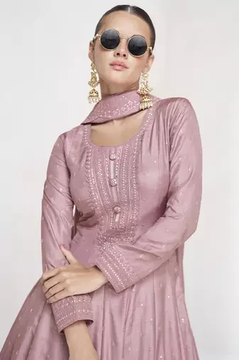 Onion pink premium silk embroidered anarkali suit